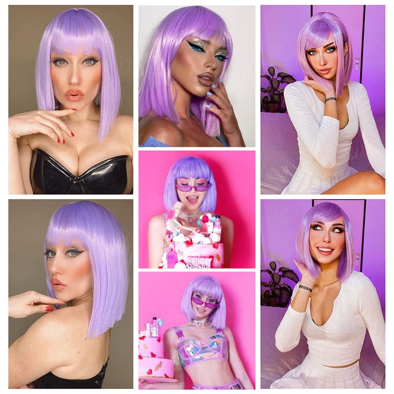 ENTRANCED STYLES Lavender Purple Bob Wig Colorful Wigs Heat Resistant Fiber Synthetic Wigs Straight Hair With Bangs for Women Daily Use Halloween Cosplay Wig - Image 2